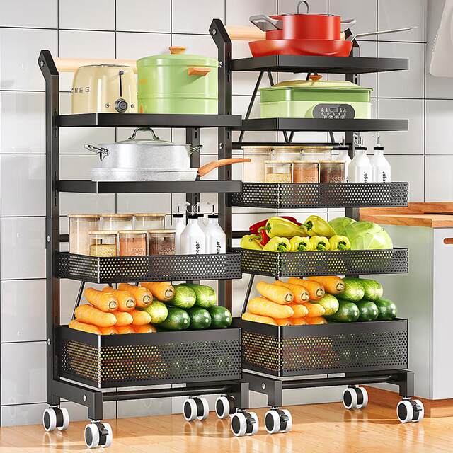 Kitchen basket storage rack with floor-standing movable multi-functional storage of fruits and vegetables for household detachable push cart