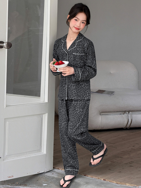 女童复古秋夏款莫代尔梭织睡衣女孩长袖开衫中大童学生家居服套装 — 5