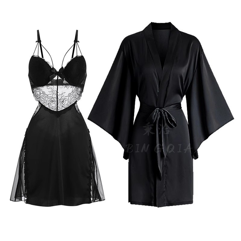 PAJAMAS WOMENS THIN SEXY ICE SILK SPRING AND AUTUMN NIGHTGOWNS BATHROBE TWO-PIECE SET SILK NIGHTDRESSES HIGH-END NEW 2024
