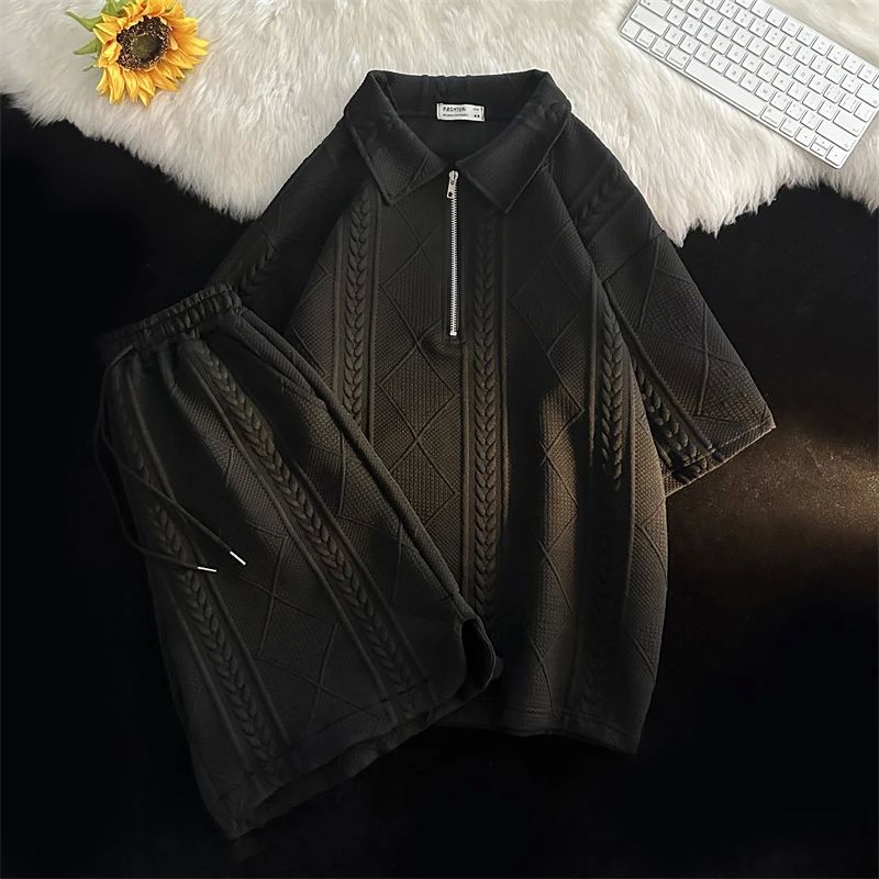 TWO PIECE SETS MEN BAGGY SHORTS LAPEL T-SHIRTS SUMMER MINIMA