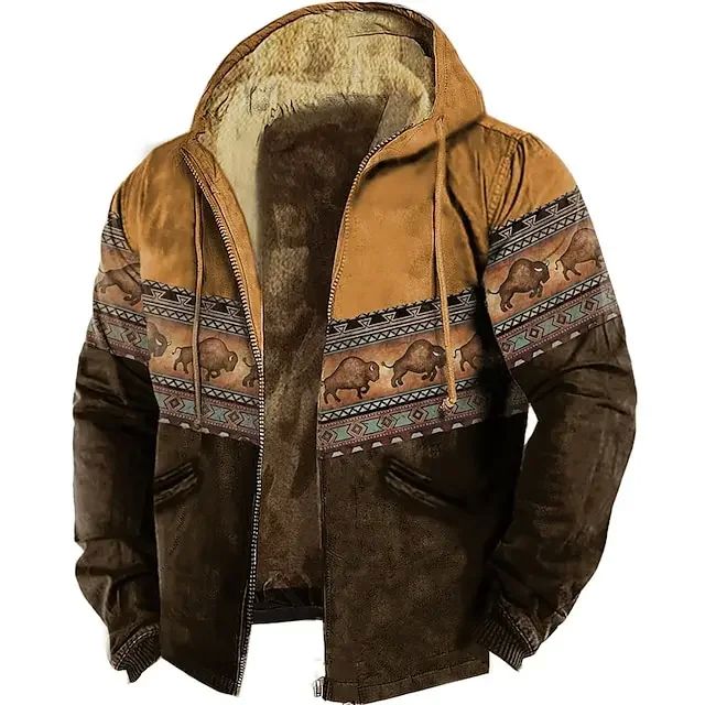 MENS ZIPPER HOODIES BISON PATTERN PRINT CASUAL WINTER CLOTH