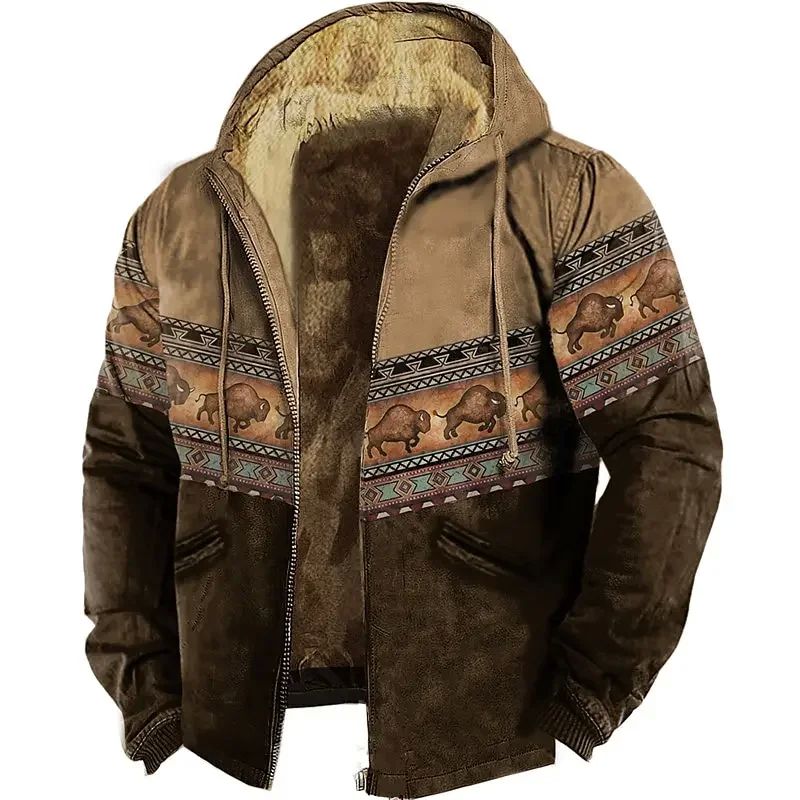 MENS ZIPPER HOODIES BISON PATTERN PRINT CASUAL WINTER CLOTH