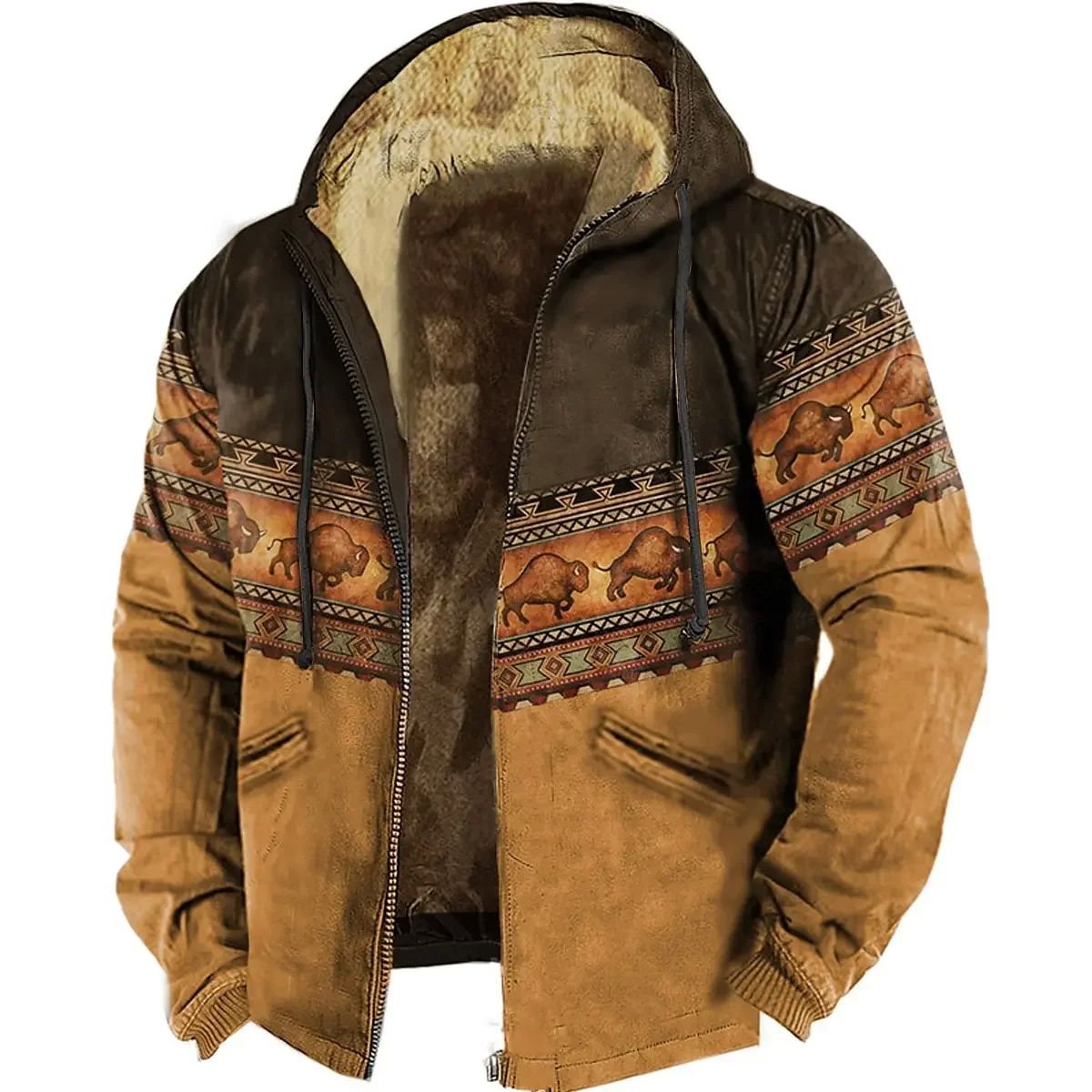 MENS ZIPPER HOODIES BISON PATTERN PRINT CASUAL WINTER CLOTH