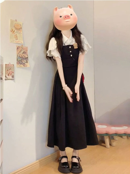 女大童学院风背带裙两件套中大童夏季衬衫洋气女孩新款黑色连衣裙
