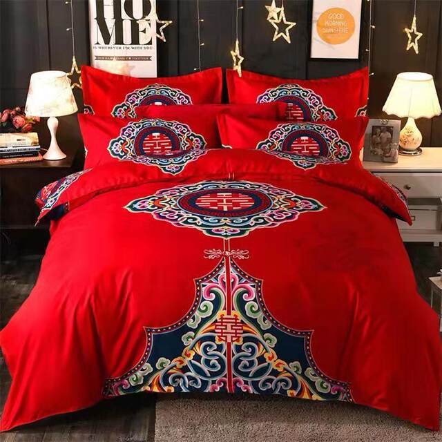 Wedding four pieces wedding j fake wedding quilt cover red furry cotton thickened bedding sheets and quilt cover four