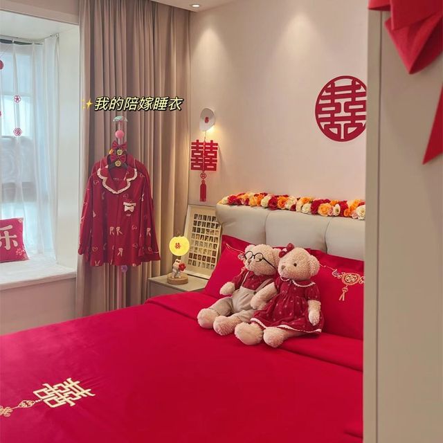 High-end 140 long velvet k cotton wedding four-piece set pure cotton dowry quilt cover red cotton bed sheet wedding bedding products