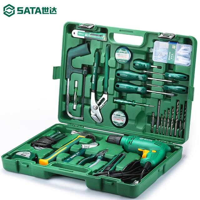SATA世达家用工具箱套装家庭建筑安装维修五金工具组合带手电动钻