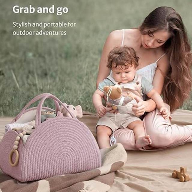 Simple woven portable baby diaper basket multi-function cotton rope sorting storage basket office worker mother handbag