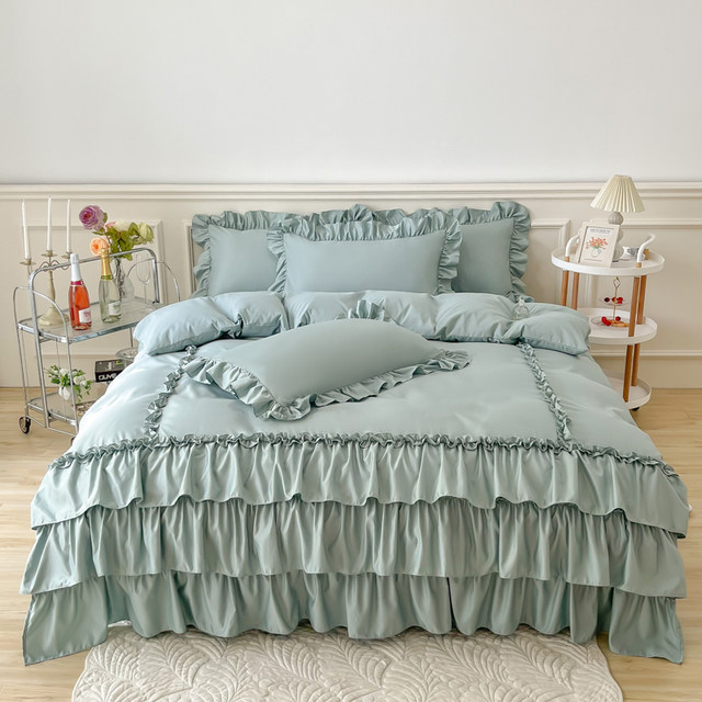 Nantong home solid color princess style quilt cover sheet bed skirt four-piece set cotton washing cotton internet celebrity style winter