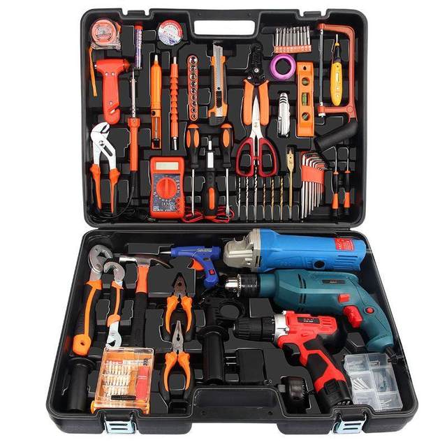 Household tool box hand-electric drill angle grinding lithium electric drill set hardware multi-function set maintenance electric tools