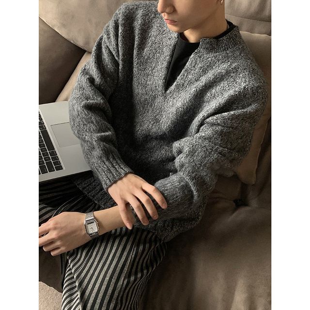 Winter retro warm V-neck solid color lazy sweater A men's casual pullover jacket autumn couple sweater high-end