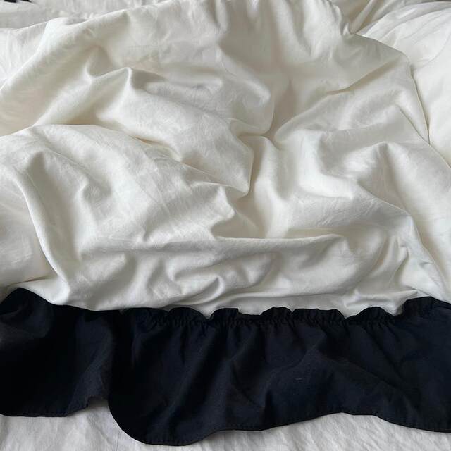 法式仙女纯白色水洗棉床单四件套床裙被套黑色花边蕾丝床上三件套