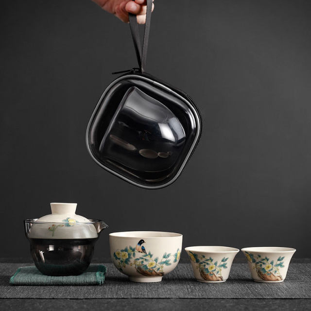 Kuaike cup cover bowl Kung Fu ceramic tea cup set storage bag one pot three cups wood ash portable travel tea set