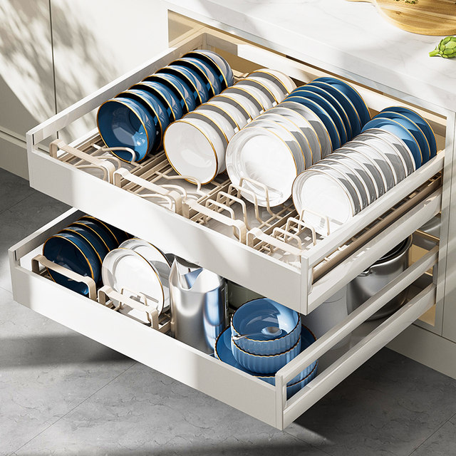 Stainless steel dish storage rack kitchen storage rack drawer built-in platter drain bowl rack cabinet partition pull basket