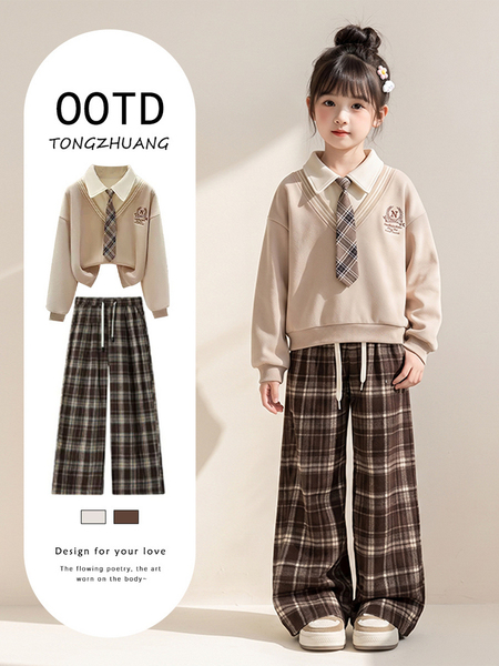 女童巨好看学院风卫衣2026新款女大童初中生时髦洋气炸街裤子套装