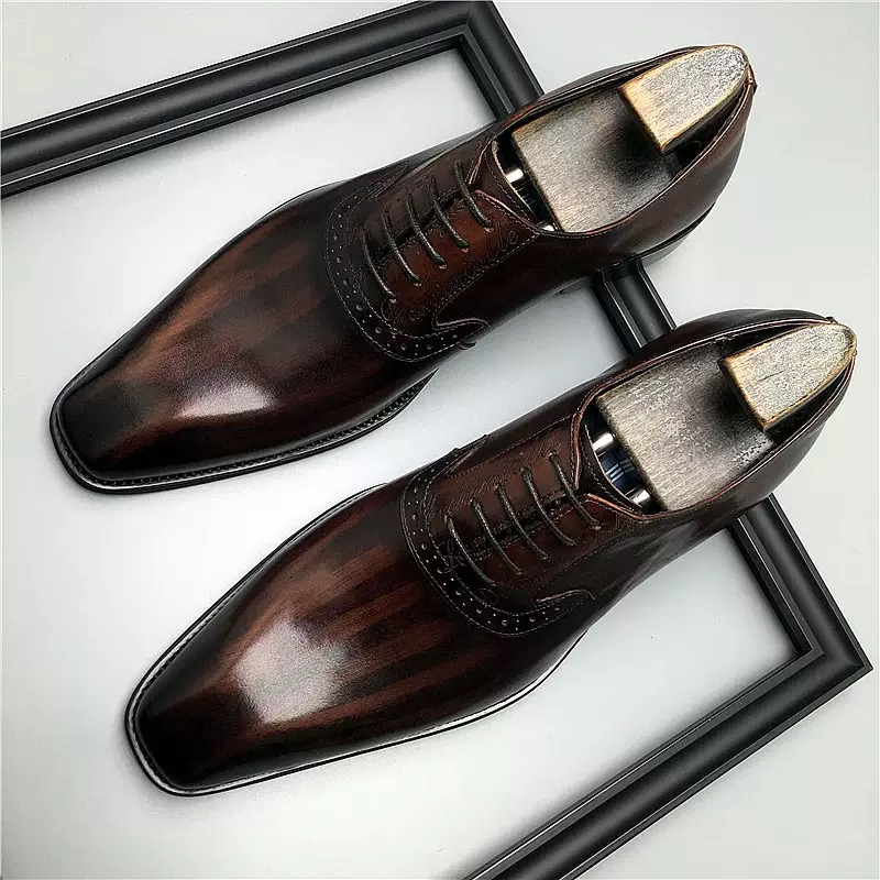 NEW BUSINESS MENS LEATHER SHOES EUROPEAN VERSION OF BRITISH LEATHER SQUARE TOE HANDMADE COWHIDE BREATHABLE WEDDING GROOM OXFORD SHOES TIDE
