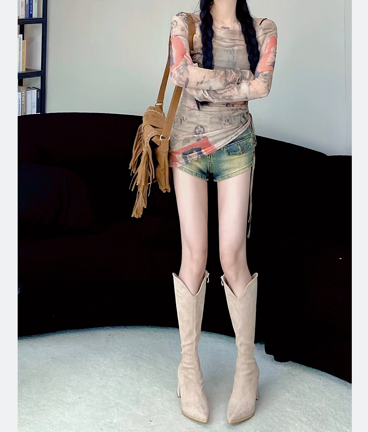 슬림 아메리칸 레트로 카키 브이넥 두꺼운 굽 웨스턴 카우보이 부츠 포인티드 토 스웨이드 하이힐 부츠 여성용 사막부츠