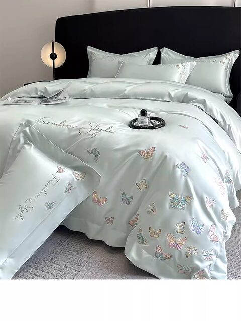 Summer washing silk four-piece set light luxury butterfly embroidered quilt cover ice silk cool bed sheets bedding