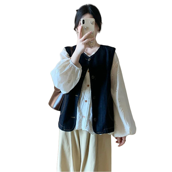孕妇装秋装套装2026新款复古牛仔马甲衬衫女阔腿裤休闲秋季三件套 — 5