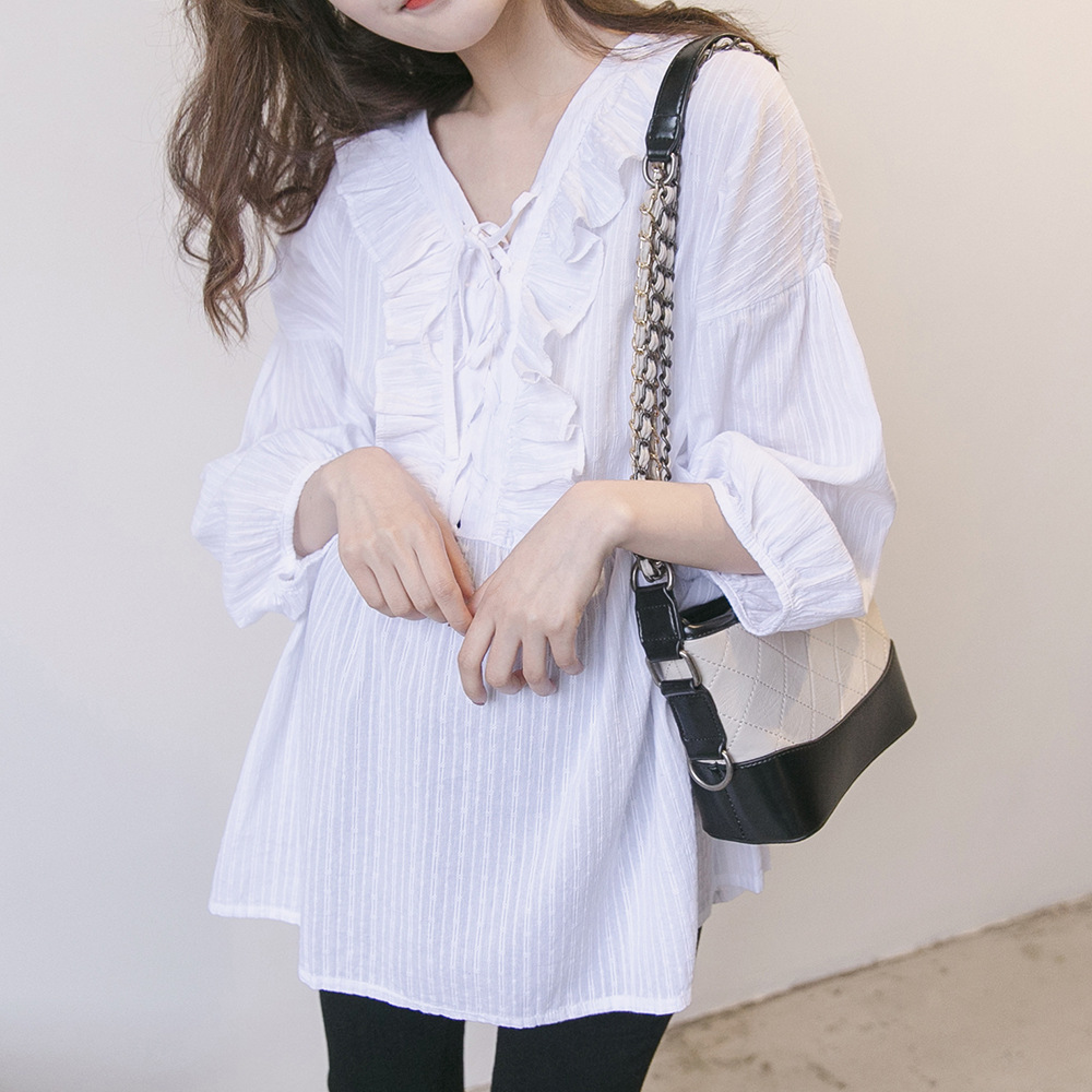 출산 셔츠 2022 여름 여성 중간 길이 임신 셔츠 긴팔 흰색 BABYDOLL 한국 스타일 루즈 탑