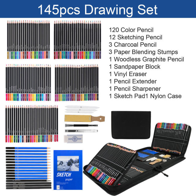 145 pieces of oily color pencil painting set sketch color pencil set art painting tool kit
