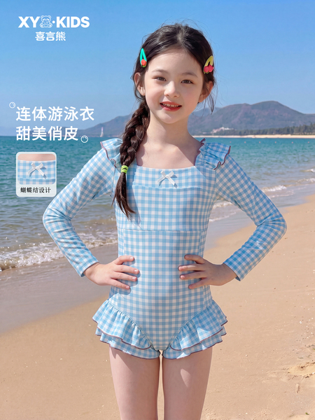 儿童长袖防晒泳衣女大童公主风绝美连体游泳衣夏季初中生女童泳装