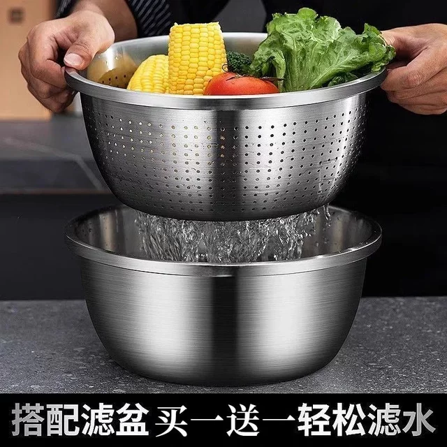 加厚加深316不锈钢沥水篮食品级淘米盆家用不锈钢筛网盆