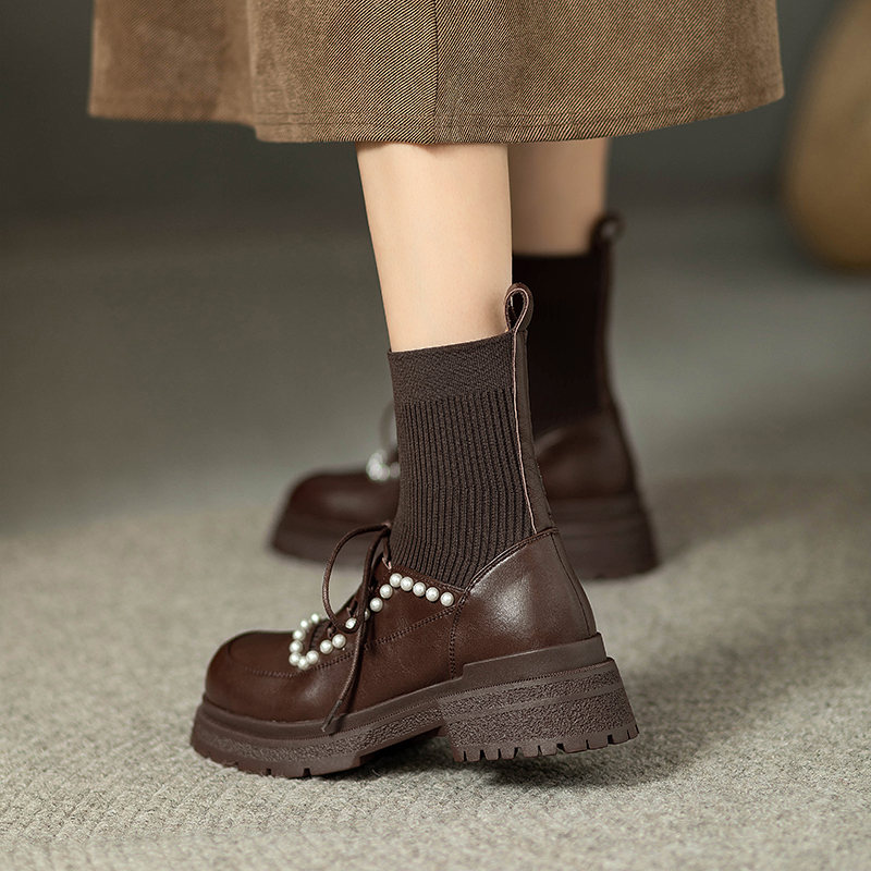 LEATHER ROUND TOE LACE-UP MARTIN BOOTS WOMENS 2024 NEW AUTUMN AND WINTER SOCK BOOTS VINTAGE BRITISH PLATFORM BOOTS PEARL SOFT SOLE