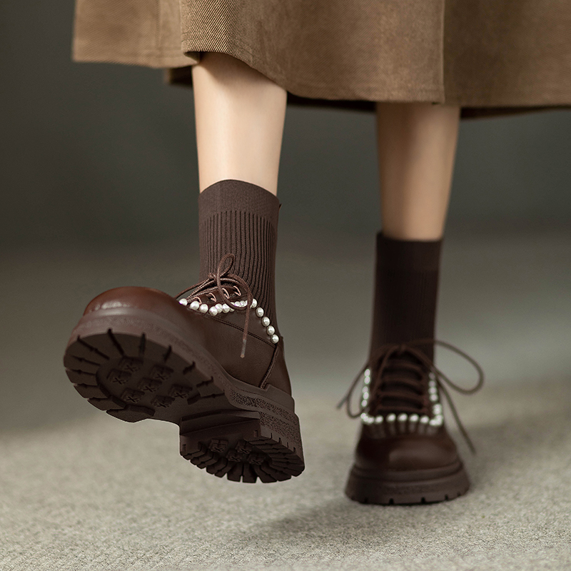 LEATHER ROUND TOE LACE-UP MARTIN BOOTS WOMENS 2024 NEW AUTUMN AND WINTER SOCK BOOTS VINTAGE BRITISH PLATFORM BOOTS PEARL SOFT SOLE