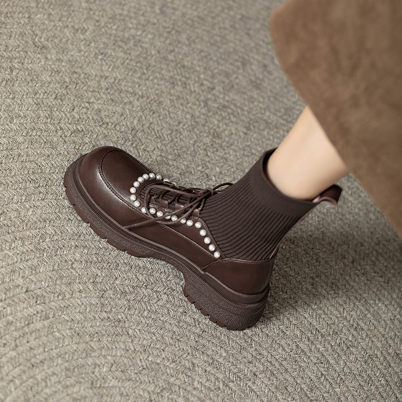 LEATHER ROUND TOE LACE-UP MARTIN BOOTS WOMENS 2024 NEW AUTUMN AND WINTER SOCK BOOTS VINTAGE BRITISH PLATFORM BOOTS PEARL SOFT SOLE