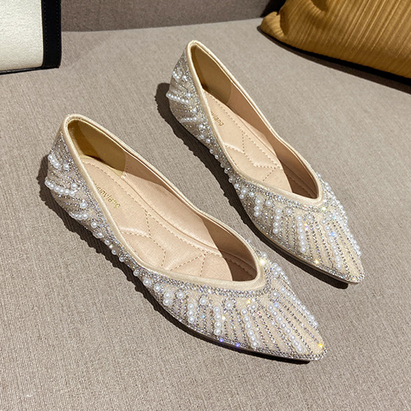 MEILING FLAT SOLE FEMALE SUMMER 2022 KOREAN VERSION SOFT SOLE SOFT LEATHER POINTED PEARL RHINESTONE PUMPS