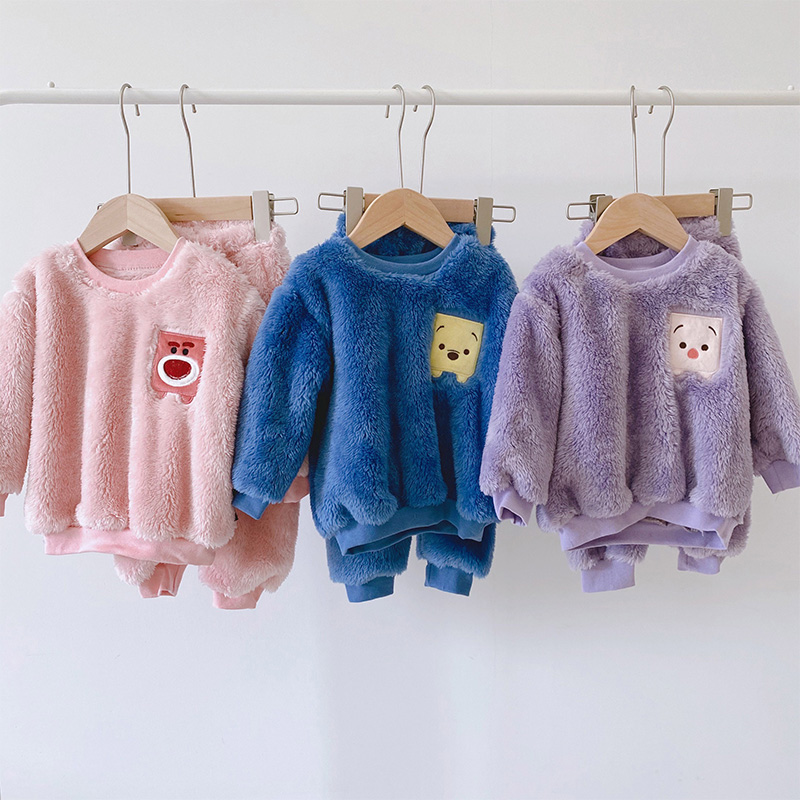 CHILDRENS PAJAMAS CORAL VELVET AUTUMN AND WINTER THICKENED FLANNEL PULLOVER WARM SET BOYS GIRLS BABY LOUNGEWEAR