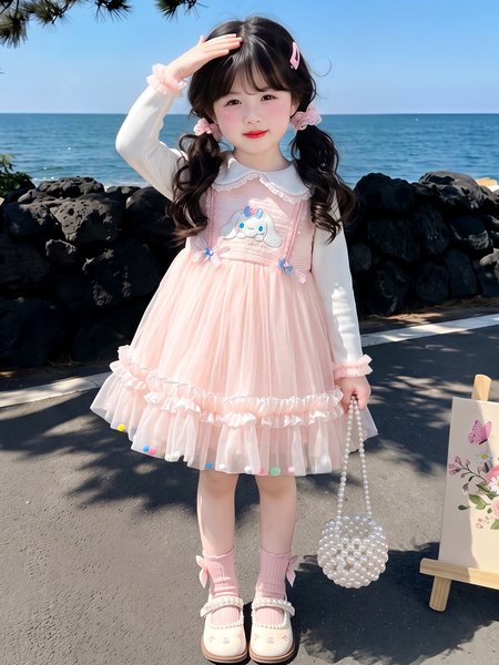 女童连衣裙春秋季2026新款洋气长袖玉桂狗网纱蓬蓬裙女宝宝公主裙