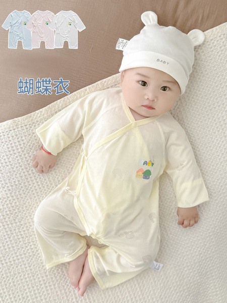 莫代尔婴儿衣服夏季薄款连体衣新生儿护肚系带睡衣夏天宝宝空调服