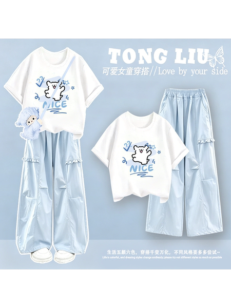 女童短袖夏套装2026新款中大童初中生女孩洋气纯棉衣服薄款工装裤 — 4