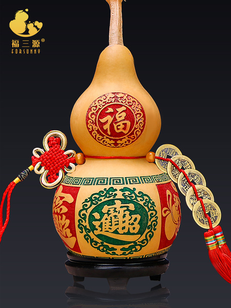 葫芦文玩挂件烙画雕刻家居摆件客厅玄关天然葫芦五帝钱门对门铜钱