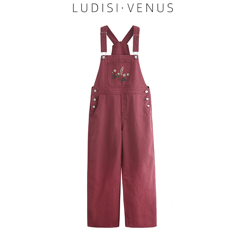 THE BRANDS AUTUMN AND WINTER NEW SWEET EMBROIDERY WASHED DENIM JAPANESE LOOSE BIB WOMEN