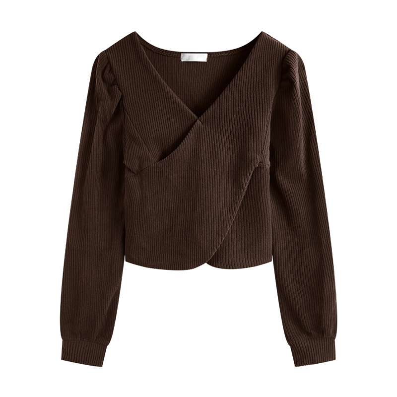 AUTUMN AND WINTER NEW V-NECK IRREGULAR BUBBLE LONG SLEEVE T-SHIRT UNDERSHIRT WOMEN