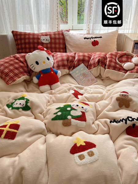 ins圣诞猫咪牛奶绒加厚四件套双面珊瑚绒卡通毛巾绣被套床单床笠