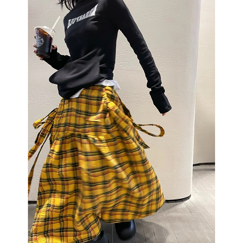 LAZY STYLE RETRO CONTRASTING CHECK SKIRT WOMENS SUMMER NEW HIGH-WAISTED SLIM TEMPERAMENT PLEATED STRAPPY SKIRT WOMEN