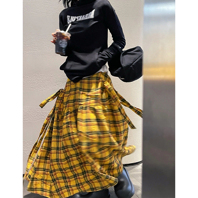 LAZY STYLE RETRO CONTRASTING CHECK SKIRT WOMENS SUMMER NEW HIGH-WAISTED SLIM TEMPERAMENT PLEATED STRAPPY SKIRT WOMEN