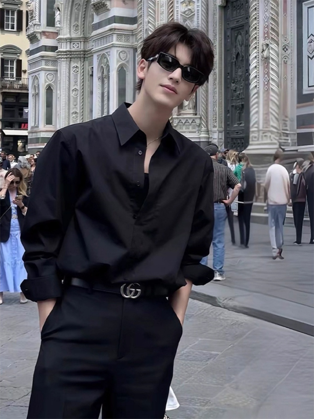 张凌赫同款黑色少年感衬衫男夏季翻领西装内搭衬衣人夫感痞帅上衣