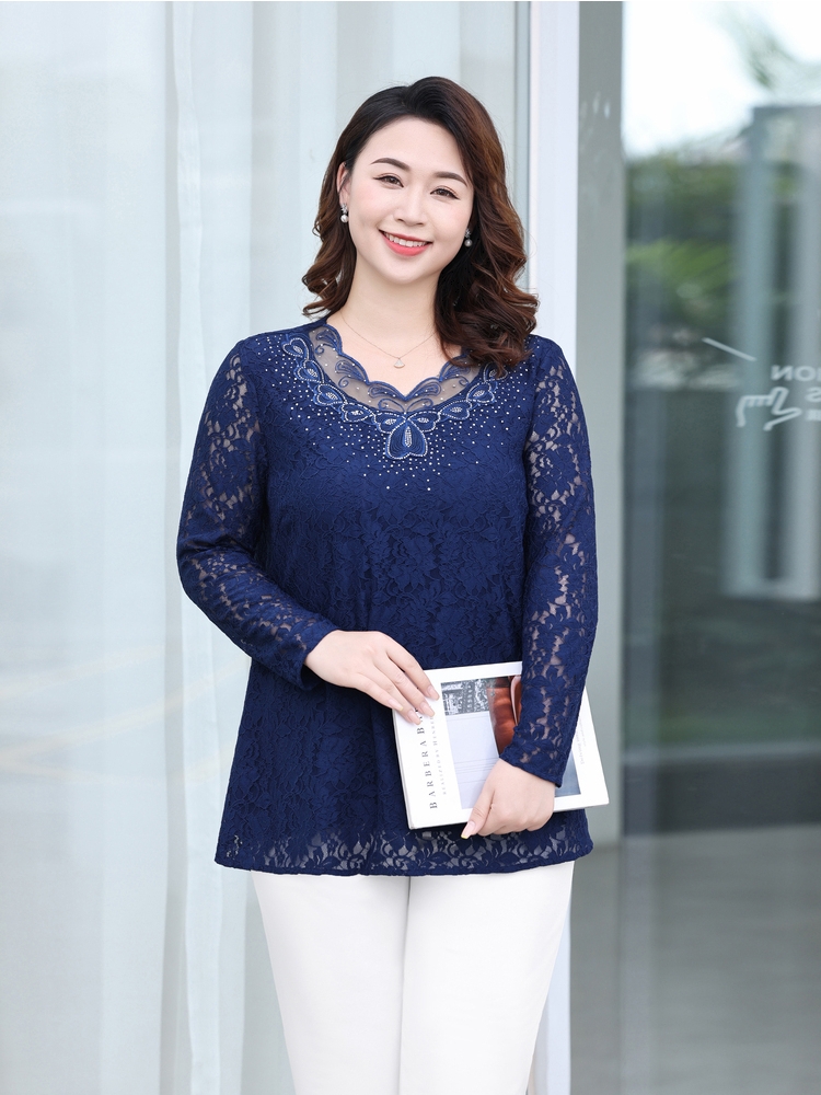 FAT MM LACE BASE SHIRT PLUS SIZE WOMENS 2024 NEW TOP FASHION AGE REDUCTION MOM LONG SLEEVE T-SHIRT CASUAL