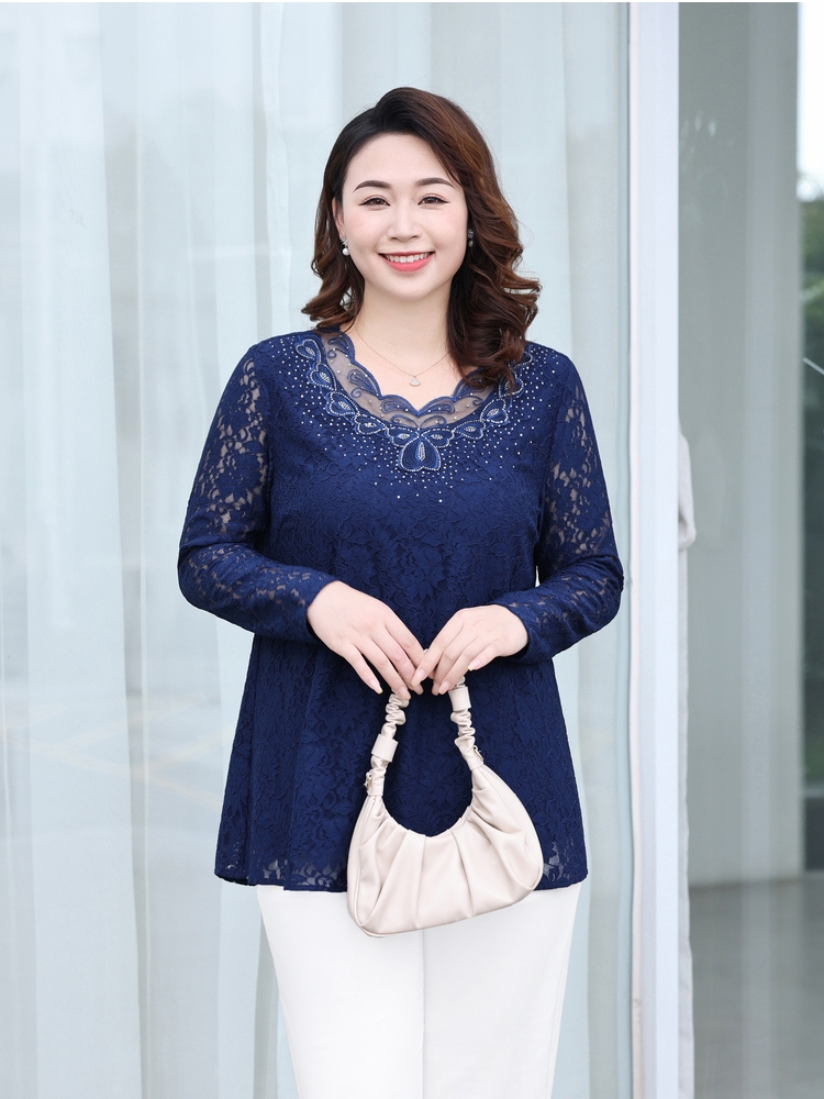 FAT MM LACE BASE SHIRT PLUS SIZE WOMENS 2024 NEW TOP FASHION AGE REDUCTION MOM LONG SLEEVE T-SHIRT CASUAL