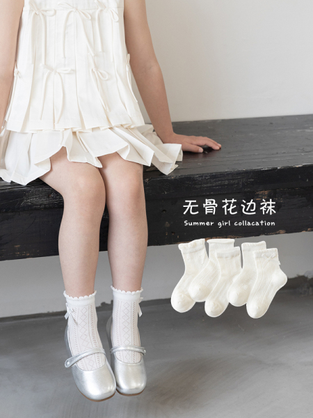 女童袜子春夏薄款纯棉儿童无骨短袜夏季网眼女宝宝白色花边公主袜