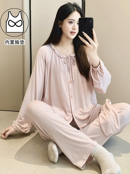 莫代尔带胸垫月子服夏季薄款5月份6产后产妇哺乳期孕妇睡衣春夏款 — 5
