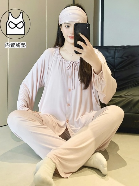 莫代尔带胸垫月子服夏季薄款5月份6产后产妇哺乳期孕妇睡衣春夏款 — 3
