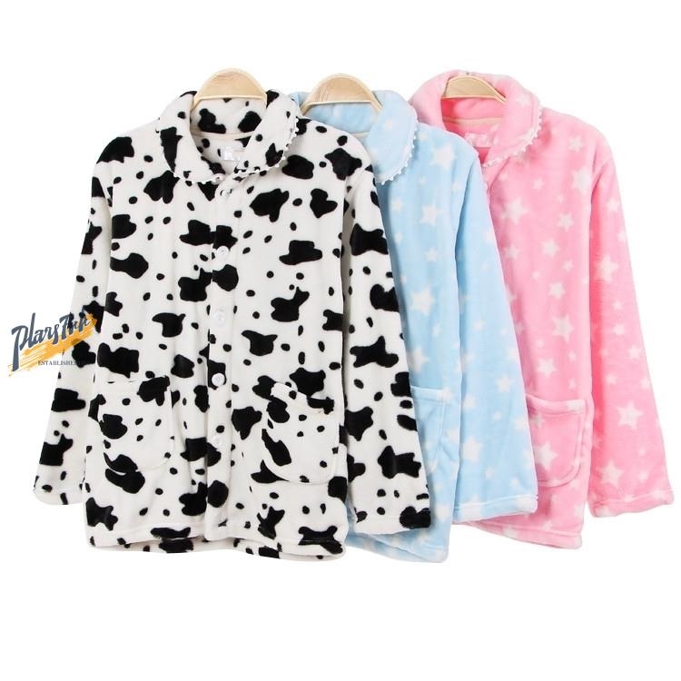 WINTER FLANNEL MEN WOMENS PAJAMAS TOPS THICKENED WARM LOOSE FIT COUPLE CORAL FLEECE LOUNGEWEAR SINGLE PIECE