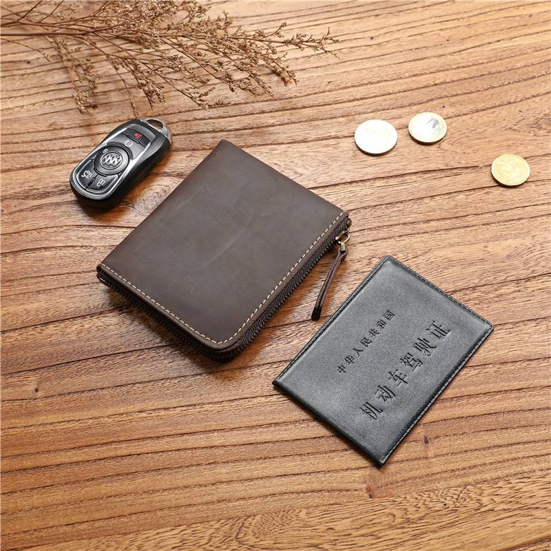 RETRO MENS CRAZY HORSE TOP LAYER SHORT ZIPPER WALLET ULTRA-THIN HORIZONTAL WALLET STUDENT SIMPLE WALLET