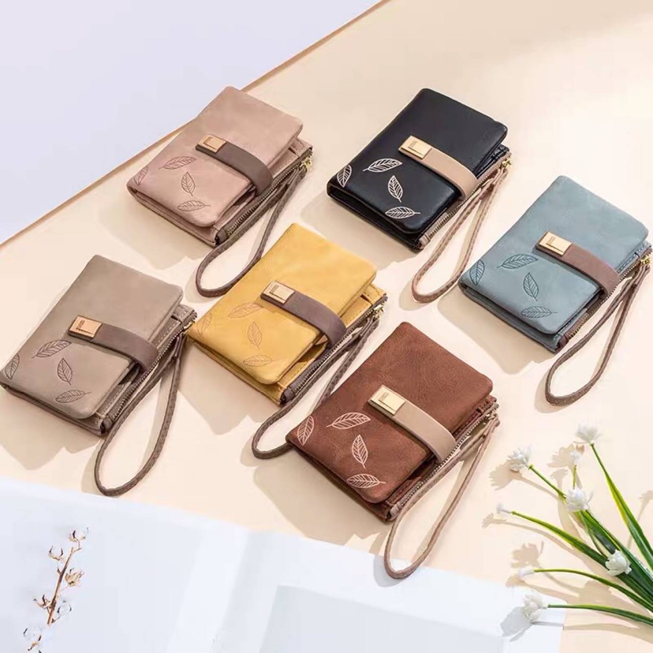 WOMENS WALLET EUROPEAN AND AMERICAN RETRO FROSTED LEAF BUCKLE HANDBAG FOLDING ZIPPER STUDENT COIN PURSE